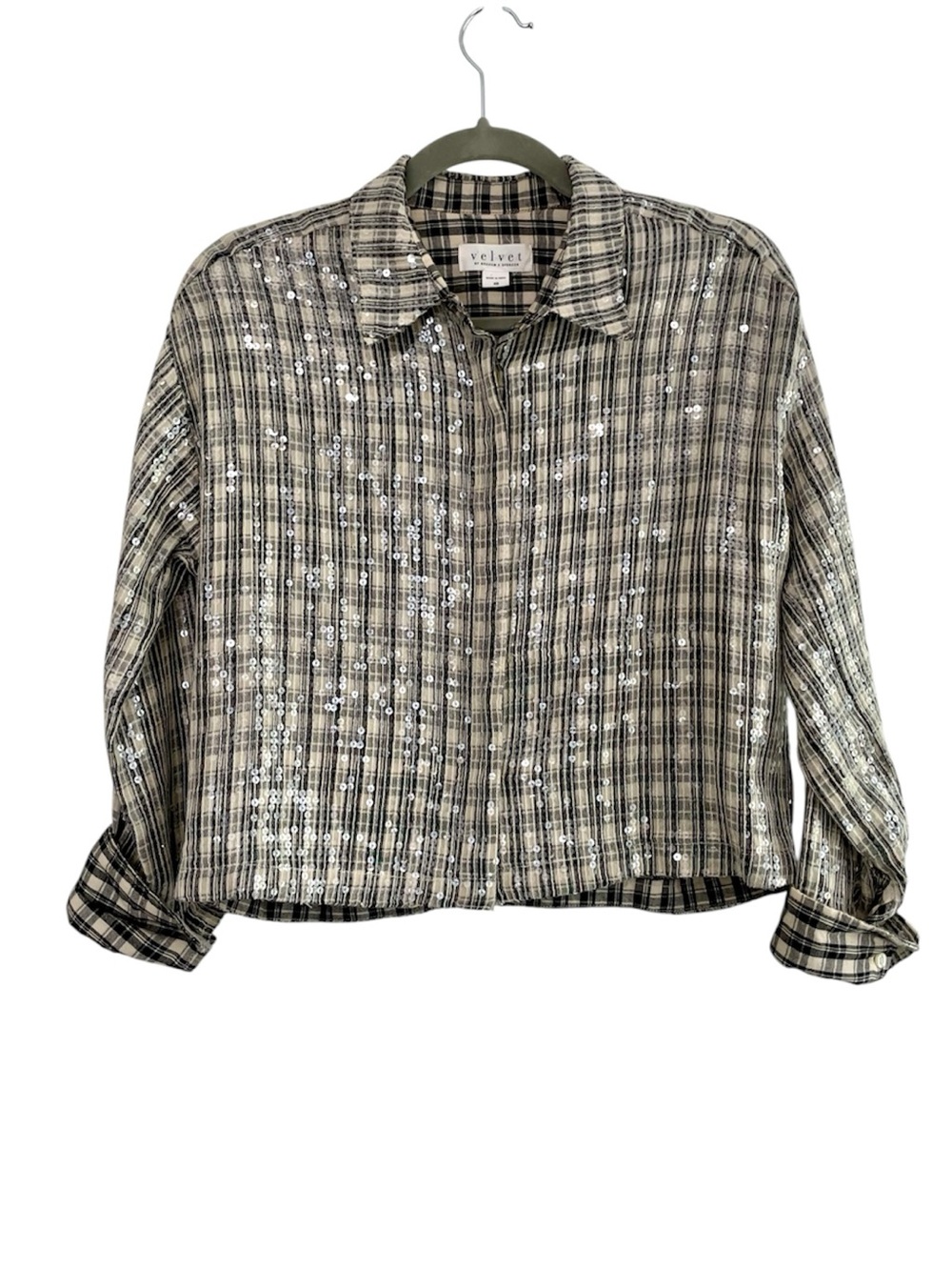 Velvet by Graham & Spencer Plaid Sequin Embellished Cropped Button Down Shirt XS